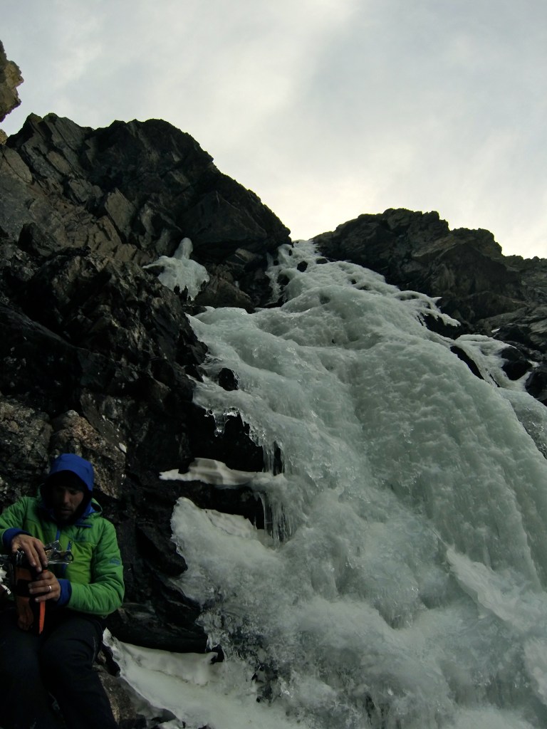 Prepping below the first pitch. The ice was a little thin towards the top.
